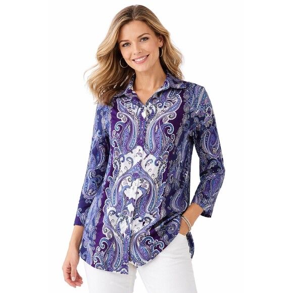 Chico's Tops - Chicos Women's Tunic Blouse Size 2 L Paisley Blue Purple Button Up Long Sleeve